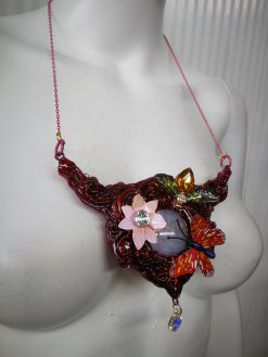Bumble Bee Necklace Queen, Sculpted Luxury Jewelry Statement Bezel Pendant, Insect Charm Butterfly Flower