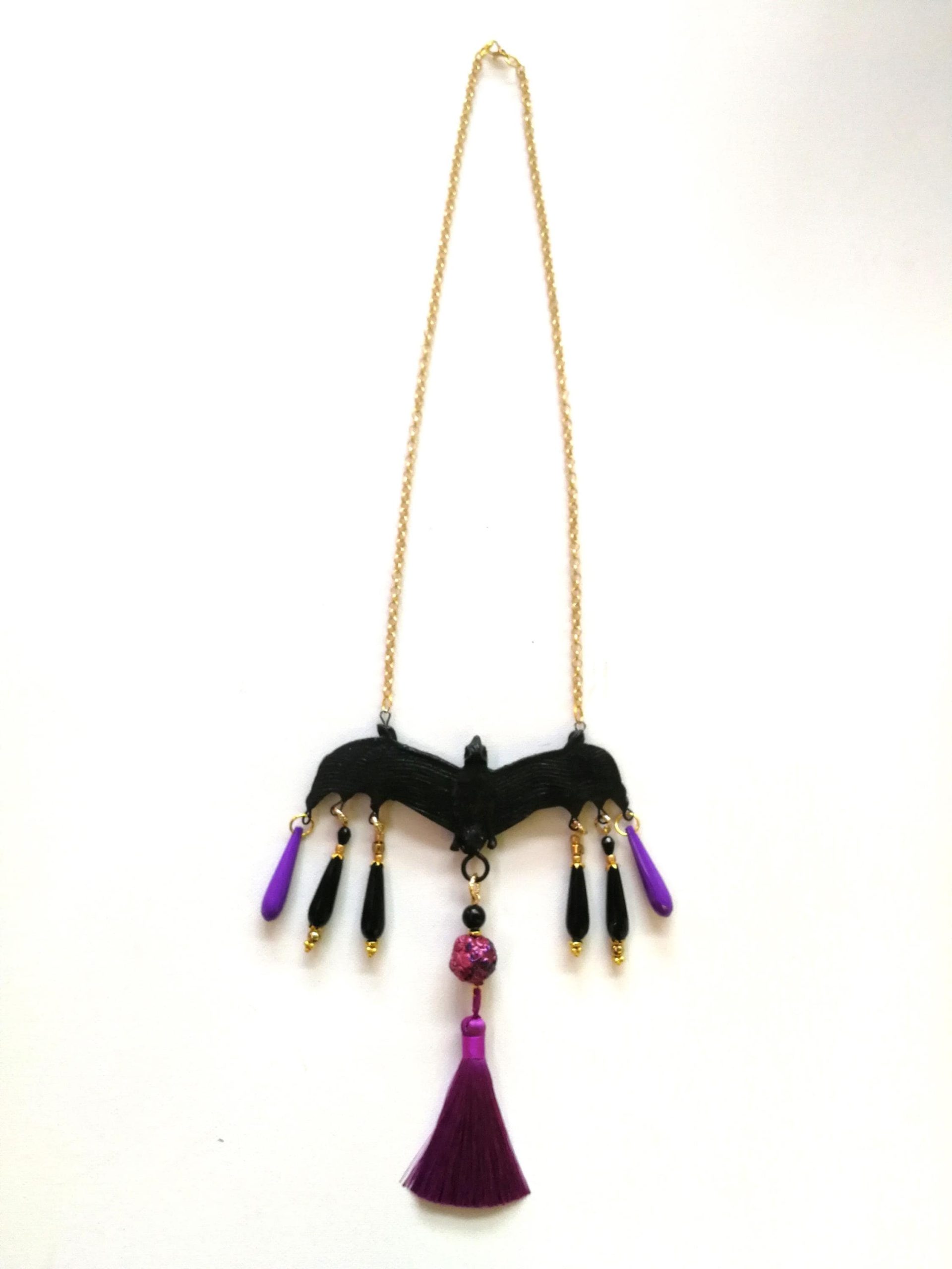 Bat Vampire Jewelry Dark Necklace, Beaded Tassel Pendant Chain, Gothic Punk Rock Jewel Charm