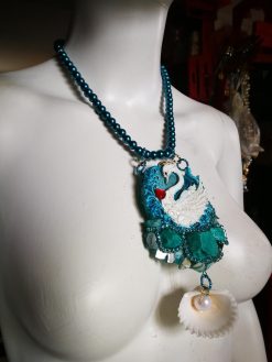 Swan Necklace, Statement Charm Pendant, Seashell Fine Jewelry Sculpture Luxury Turquoise Pearl & Raw Stone