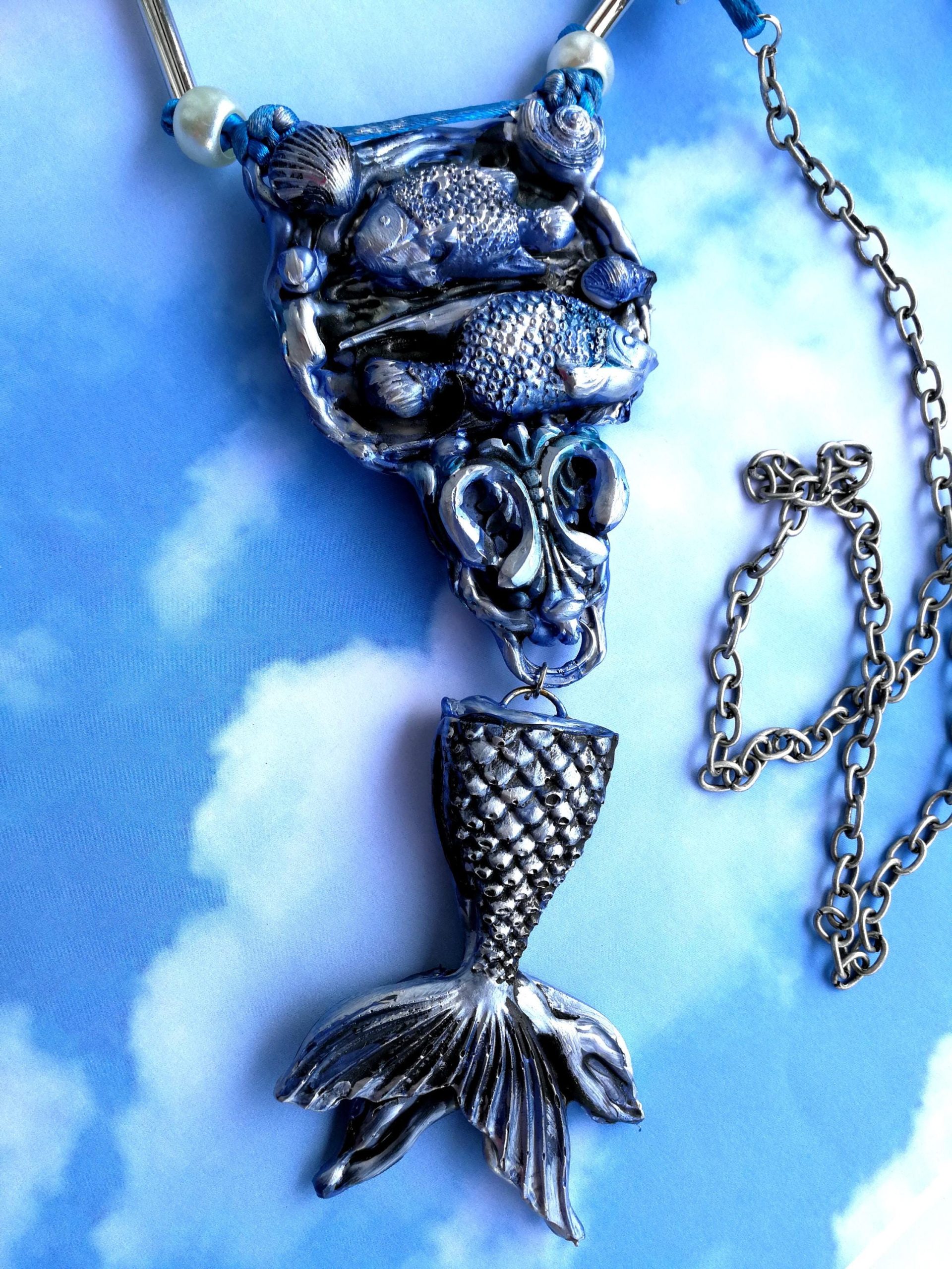 Siren Tail Jewel, Mermaid Necklace Jewelry, Statement Luxury Sculpture Fish Pendant Sea Life Chain