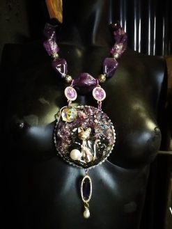 Rough Amethyst Statement Necklace Rhinestone Ball Accents Cat & Moon Chunky Pendant Design Beaded Jewelry