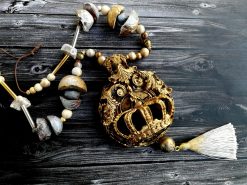Royal Crown, Bold Chunky Necklace Brutalist Pendant, Steampunk Watch Jewelry Charm Queen and King