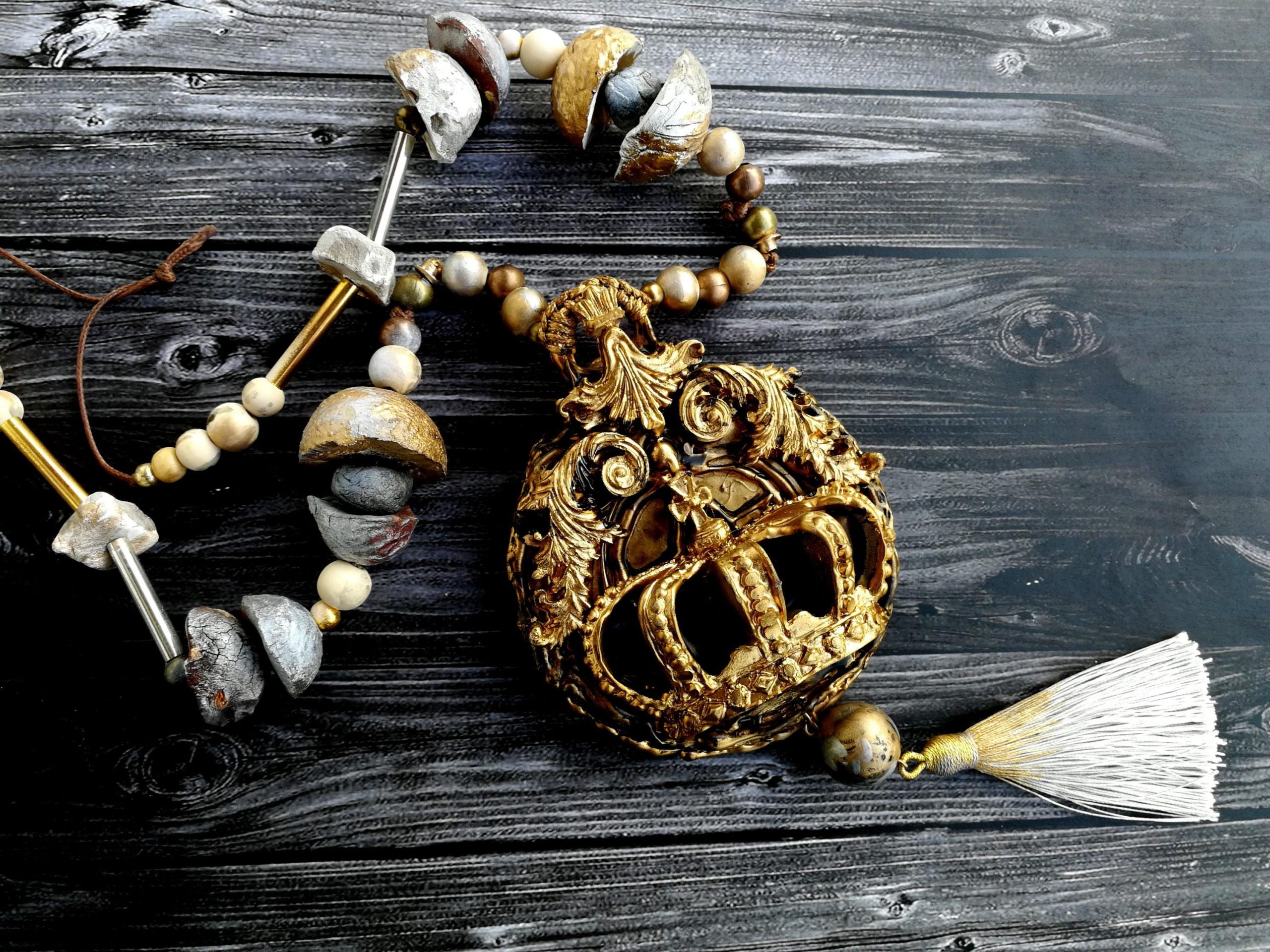 Royal Crown, Bold Chunky Necklace Brutalist Pendant, Steampunk Watch Jewelry Charm Queen and King