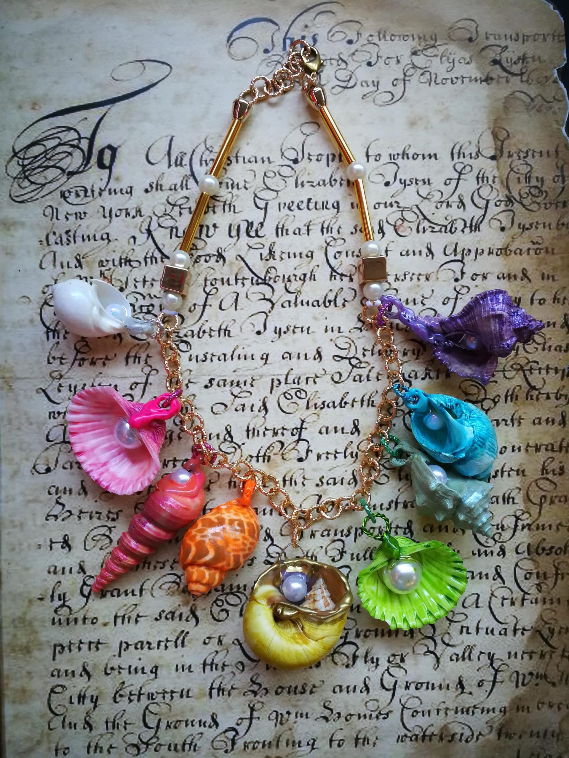 Puka Shell Necklace, Maximalist Design Handmade Painted Natural Seashell Conch Jewelry Rainbow Abalone Multicolored