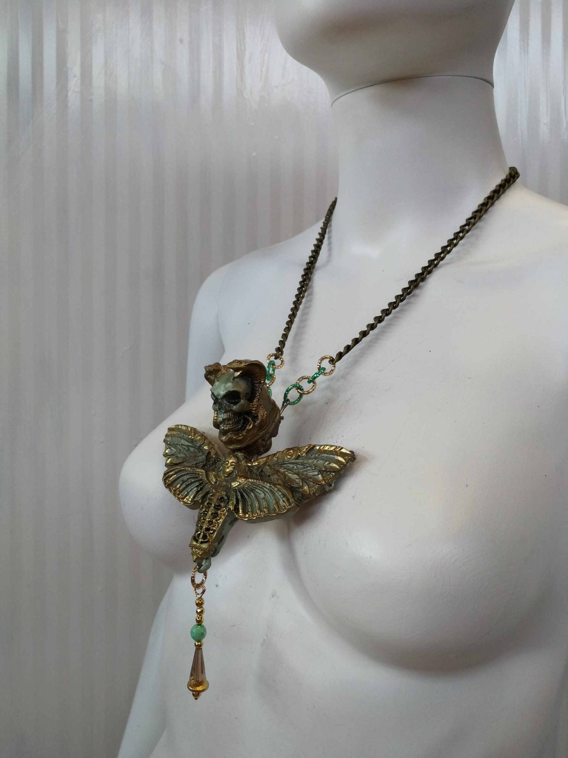 Butterfly Skull Pendant, Lunar Moth Victorian Gothic Statement Necklace & Steampunk Fantasy Charm Sculptural Jewelry