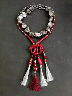Brutalist Necklace, Chunky Snake Sculptural Pendant, Serpent Statement Jewelry Stone Beaded Chain Pyrite Gemstone