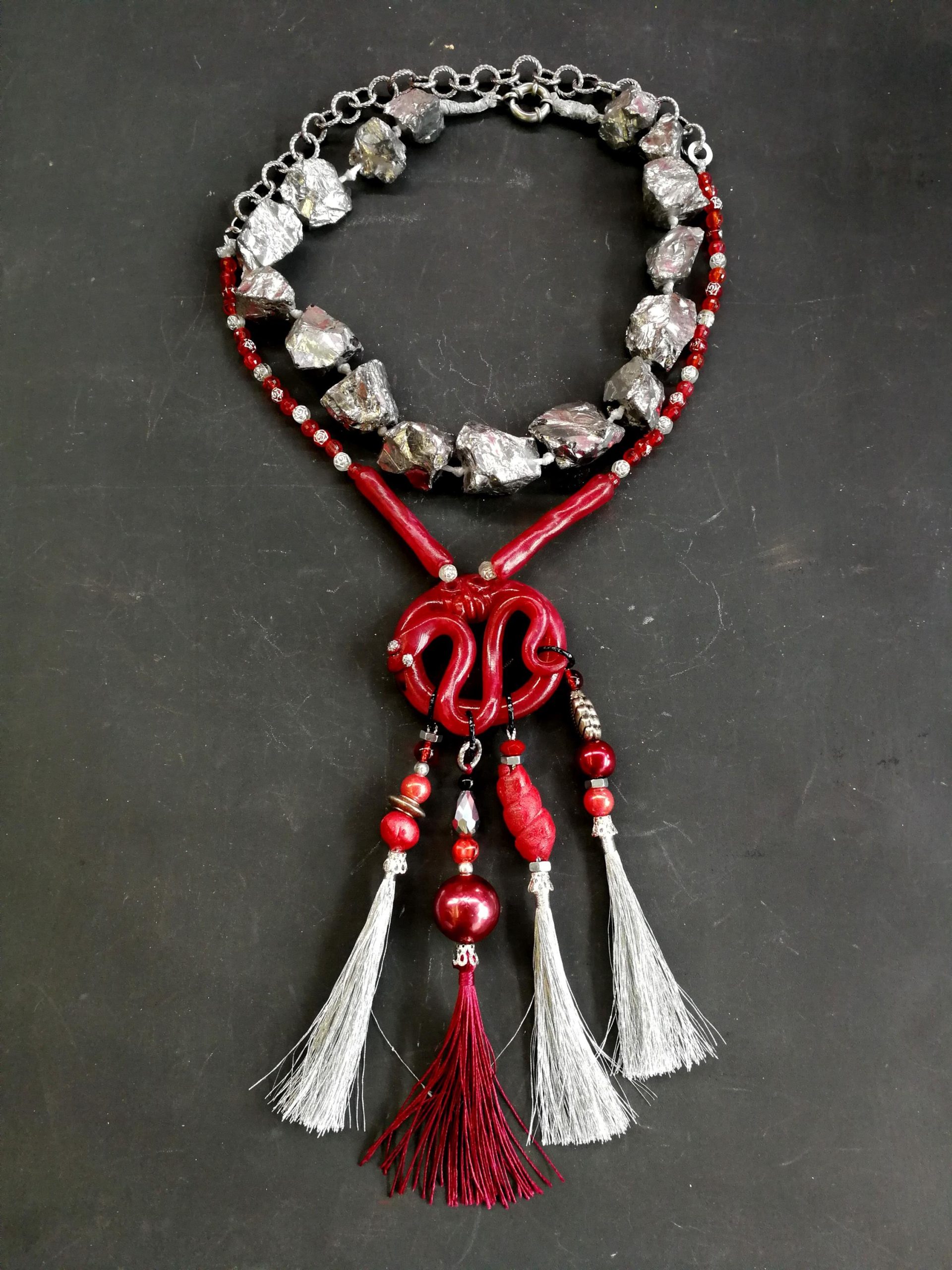 Brutalist Necklace, Chunky Snake Sculptural Pendant, Serpent Statement Jewelry Stone Beaded Chain Pyrite Gemstone