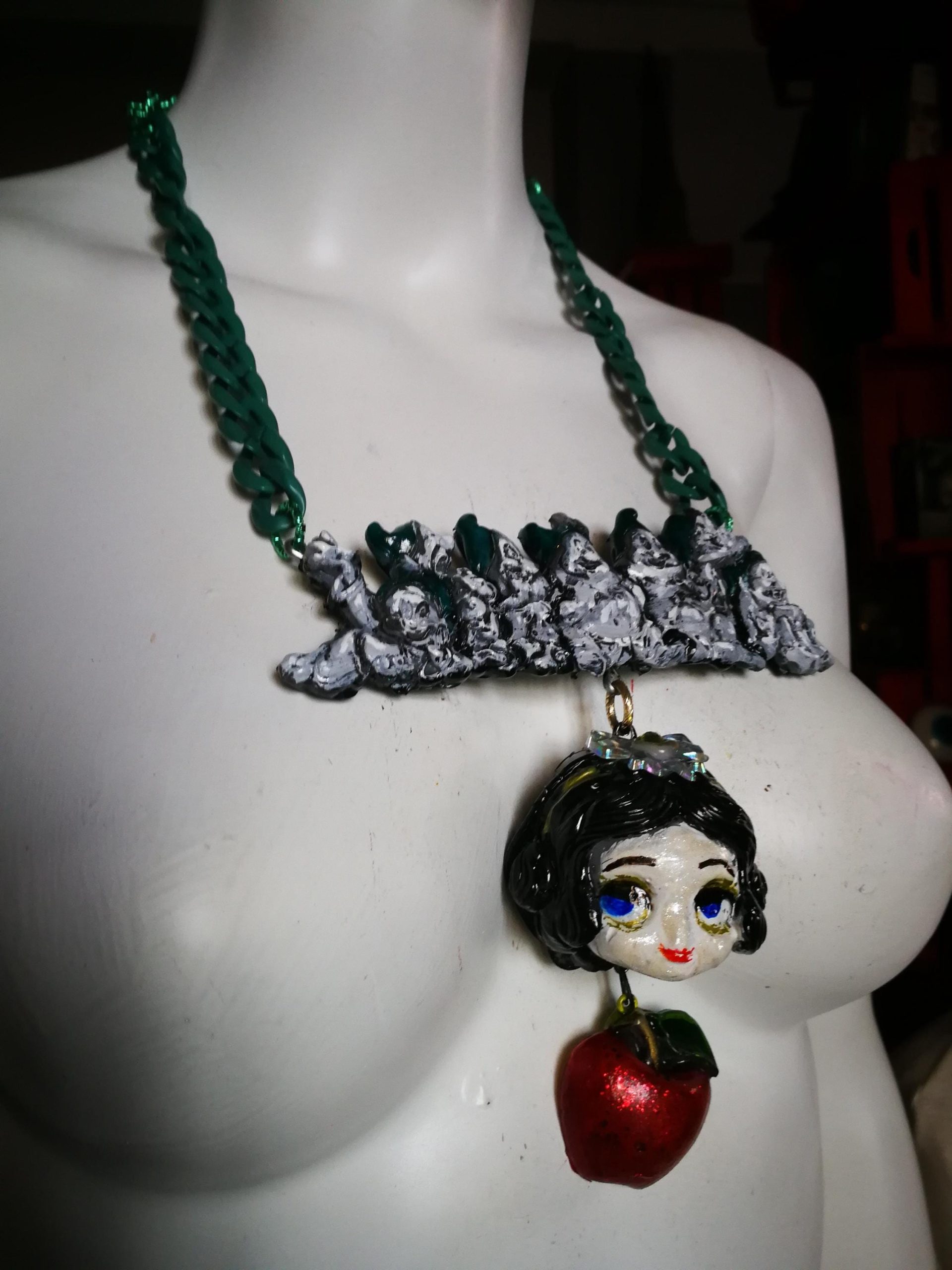 Whimsical Jewelry, Snow White & the Seven Dwarfs Necklace Manga Doll Fantasy Pendant Cartoonish Apple Charm