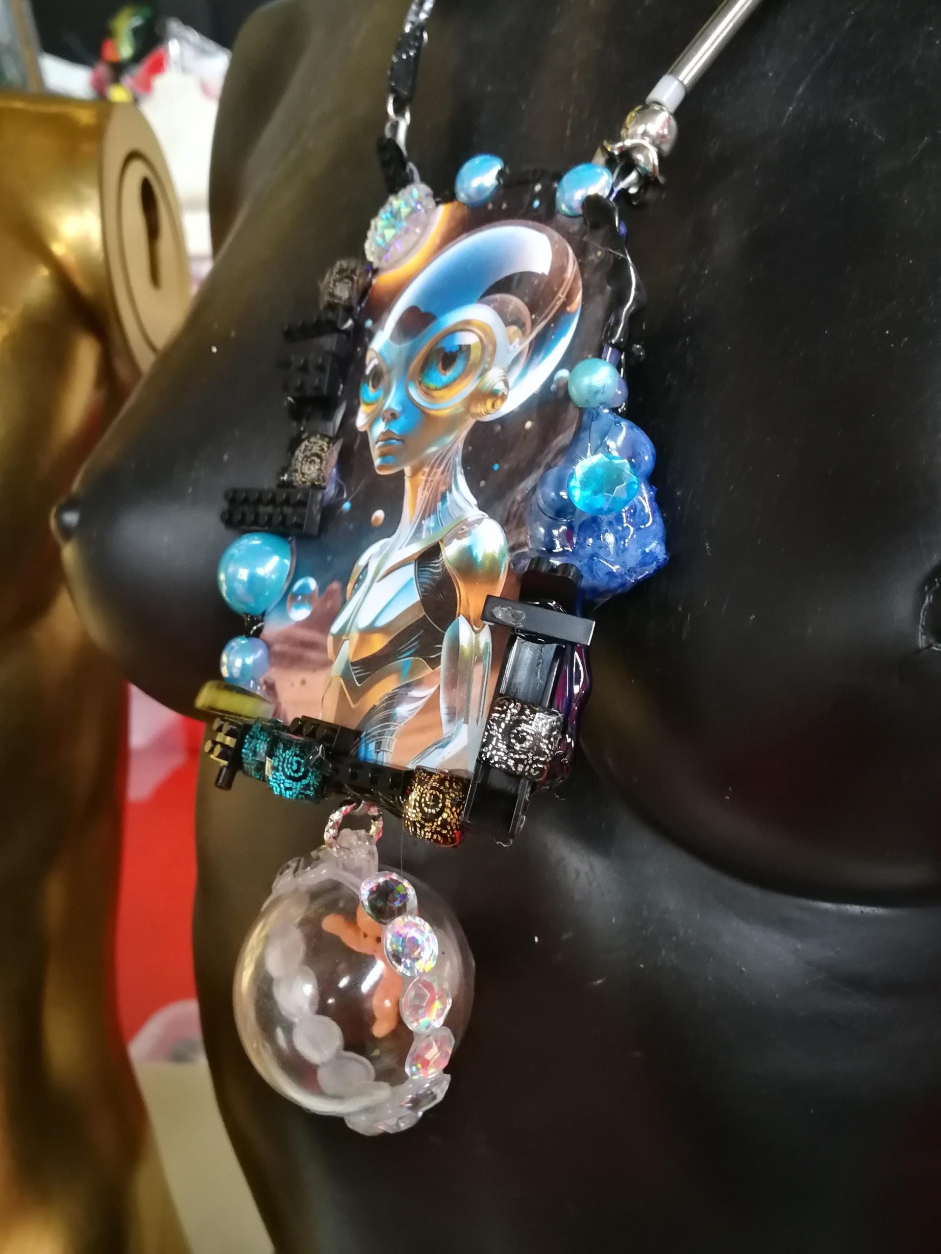 Futuristic Necklace Alien, Avant-garde UFO Jewelry, Area 51 Extraterrestrial E.T Designer Pendant Charm
