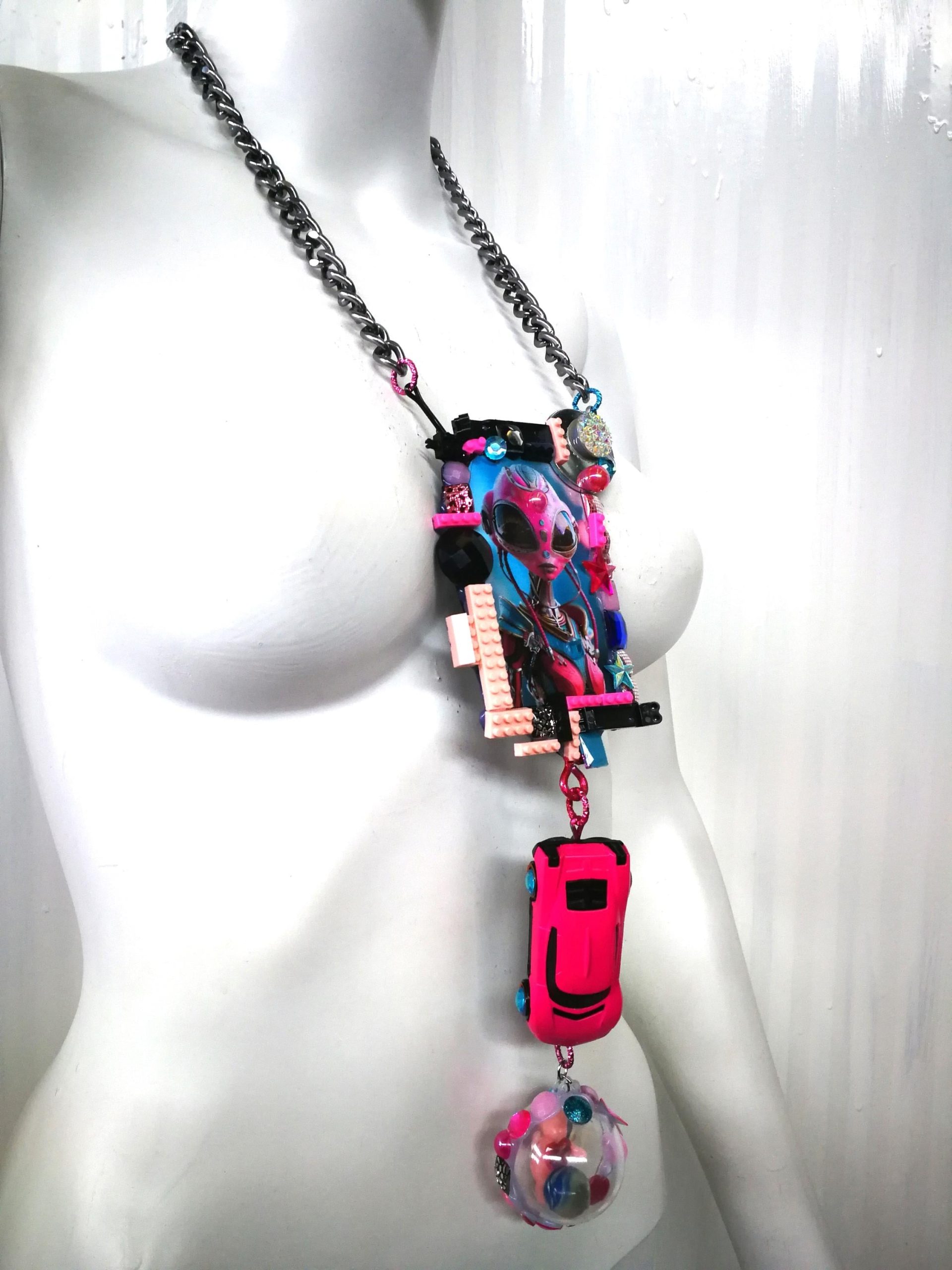 Futuristic OOAK Jewelry, Alien Statement Necklace UFO Area 51 Extraterrestrial E.T Design, Hi Tech Pendant