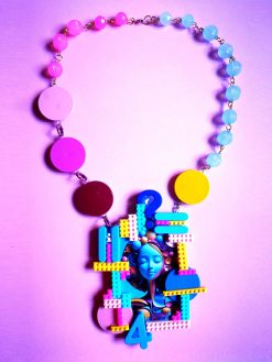 Futuristic Necklace 1970 Design Jewelry, Modernist Beaded Pop Art, Disco Fashion Style Multicolored Pendant