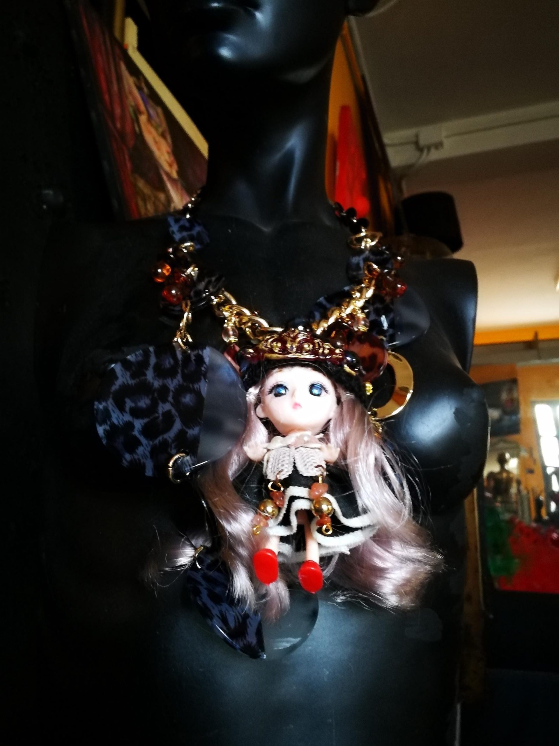 Tribe Designs, Extravagant Wild Life Doll Pendant, Designer Jewelry Chunky Necklace Charm, Folk Collar