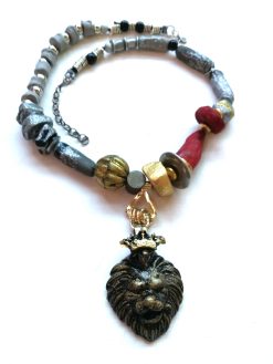 Lion Pendant, Designer Jewelry Sculptural Statement Big Bold Chunky Necklaces Golden Crown Wild Animal
