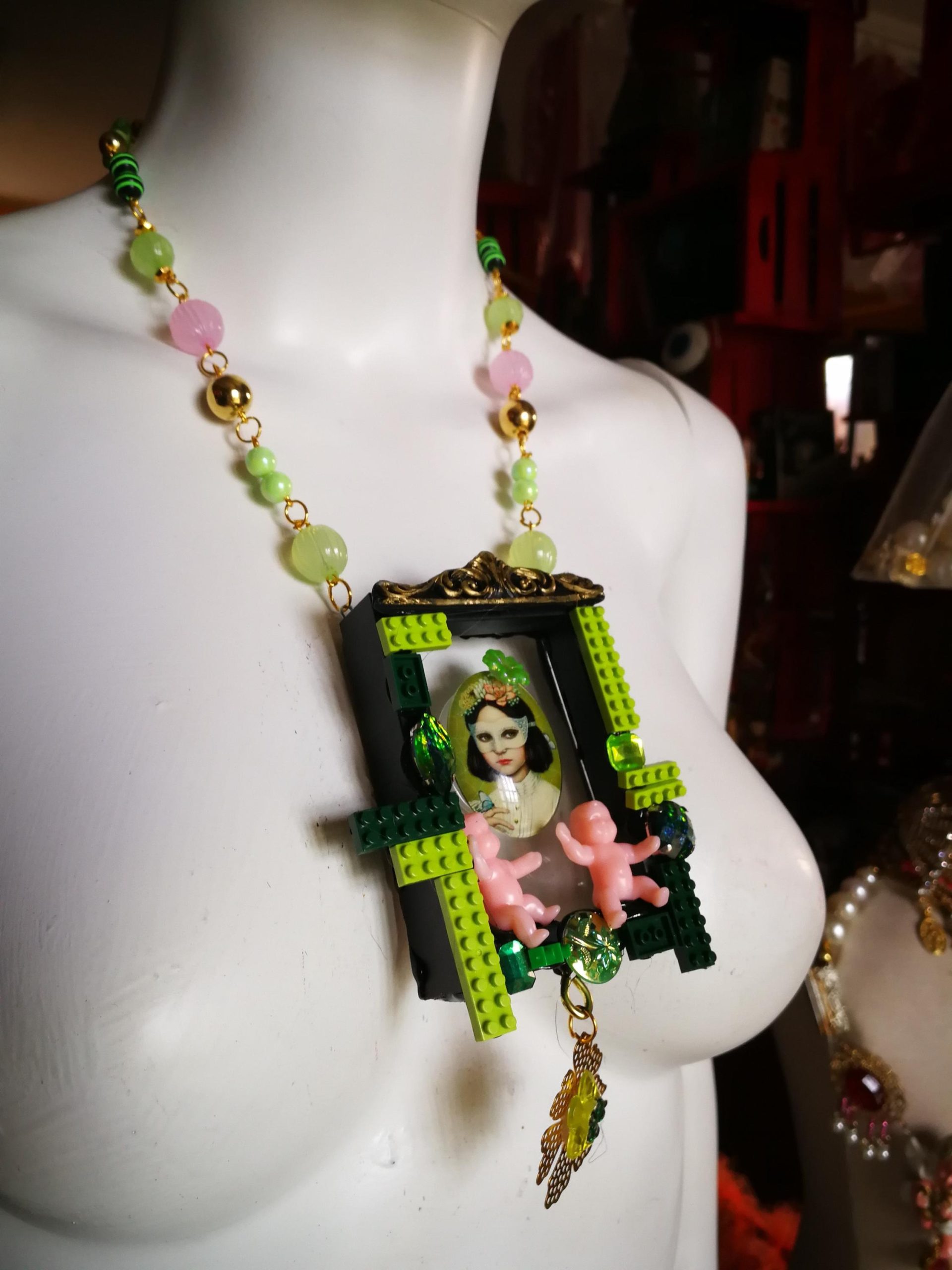 Assemblage Necklace, Vintage Portrait Pendant, Cameo Crystal Beads, Artist Doll Charm Statement Jewelry