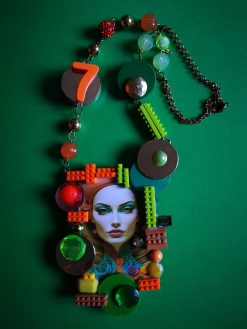 Futuristic Jewelry 1960 1970 Design Necklace, OOAK Modernist Beaded Pop Art, Disco Fashion Style Multicolored Pendant