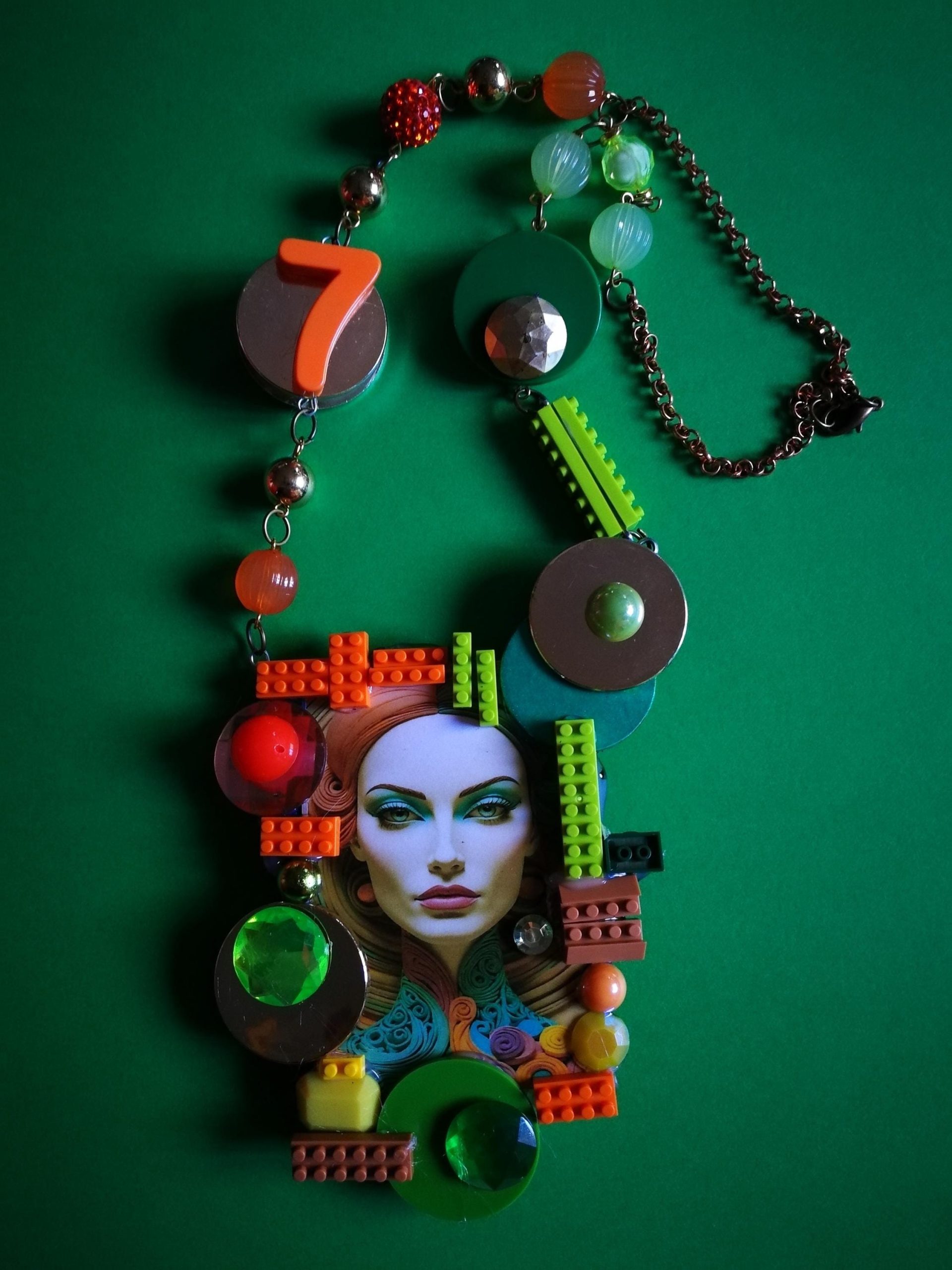 Futuristic Jewelry 1960 1970 Design Necklace, OOAK Modernist Beaded Pop Art, Disco Fashion Style Multicolored Pendant