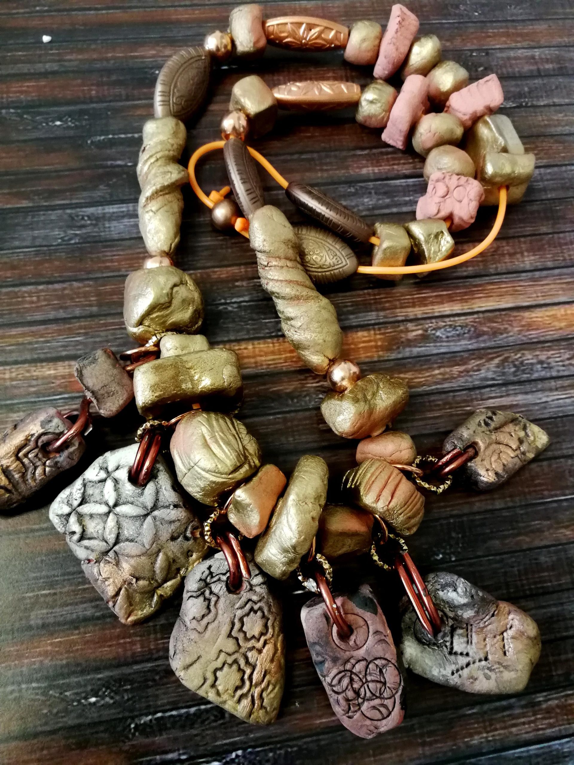 Beaded Necklaces, Boho Jewelry Earth Tone Bib, Chunky Handmade Stone Jewelry, Brutalist Pendant Charm