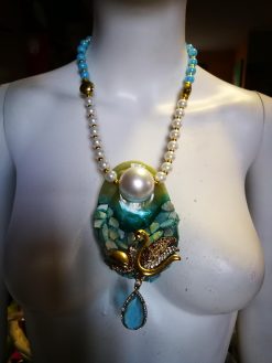 Swan Lake Rhinestone Choker Necklace, Statement Jewelry Mother of Pearl & Onyx Stone Charm Pendant