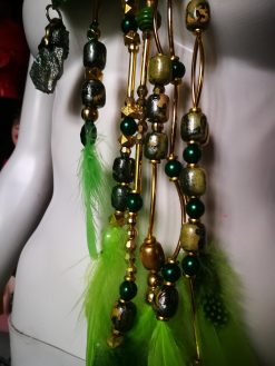 Metallic Emerald & Feathers Layers Statement Pendant, Avant Garde Sculpted Oversized Big Bold Chunky Necklaces