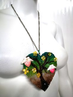 Tree of Life Necklace, Belle Epoque Jewelry, Art Nouveau Heart Sculpture Pendant Love Bird Yggdrasil