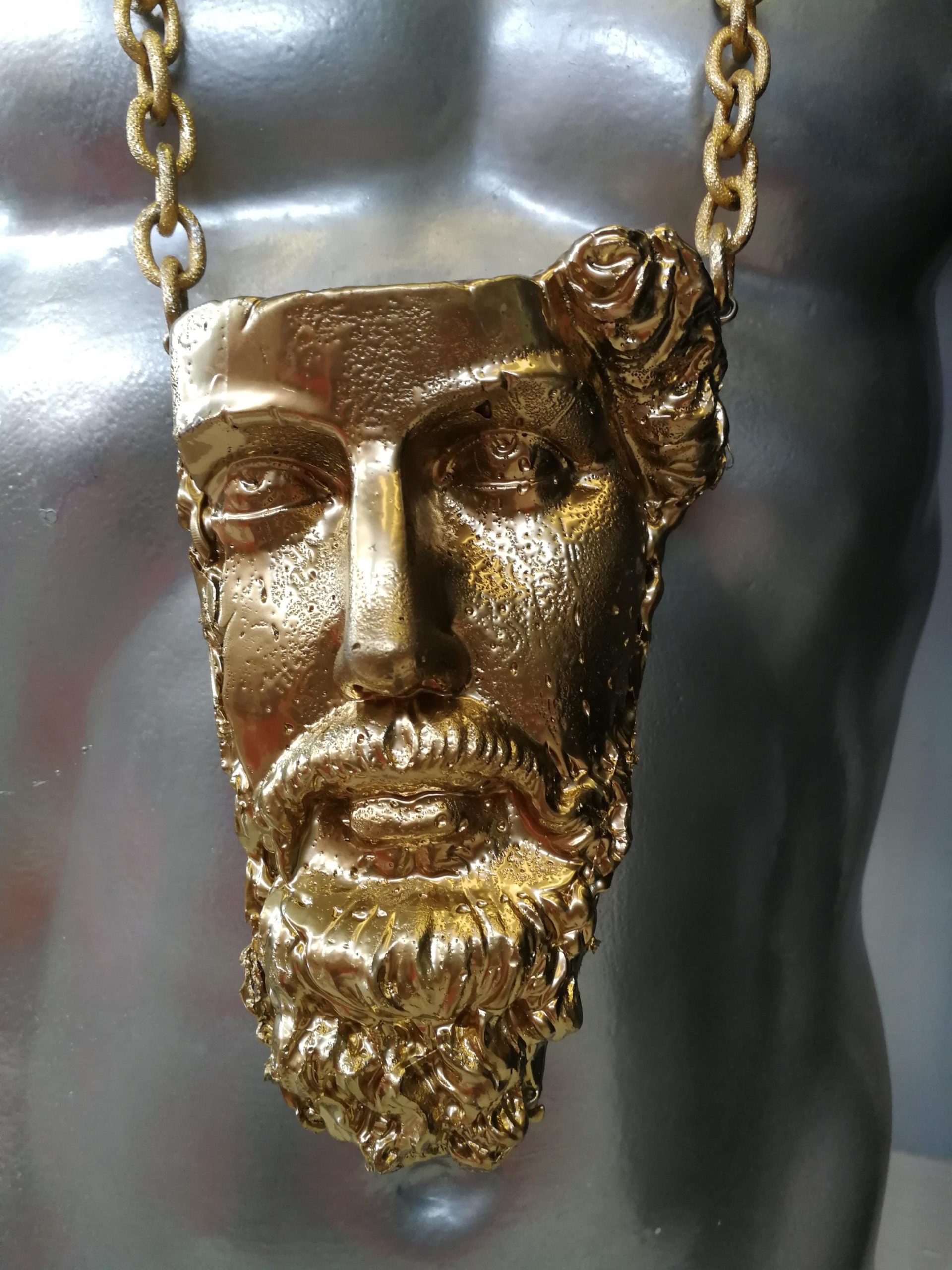 Antique Greek Statue, Head Face Portrait Sculpture Necklace, Pendant Chunky Jewelry Statement Brutalist Chain
