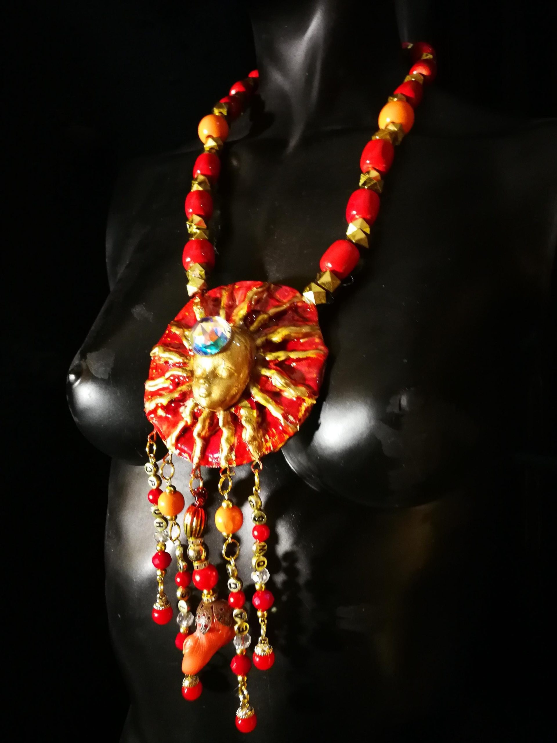 Red & Gold Sun Face Pendant Necklace, Beaded Dangles OOAK Wearable Art Statement Bold Jewelry