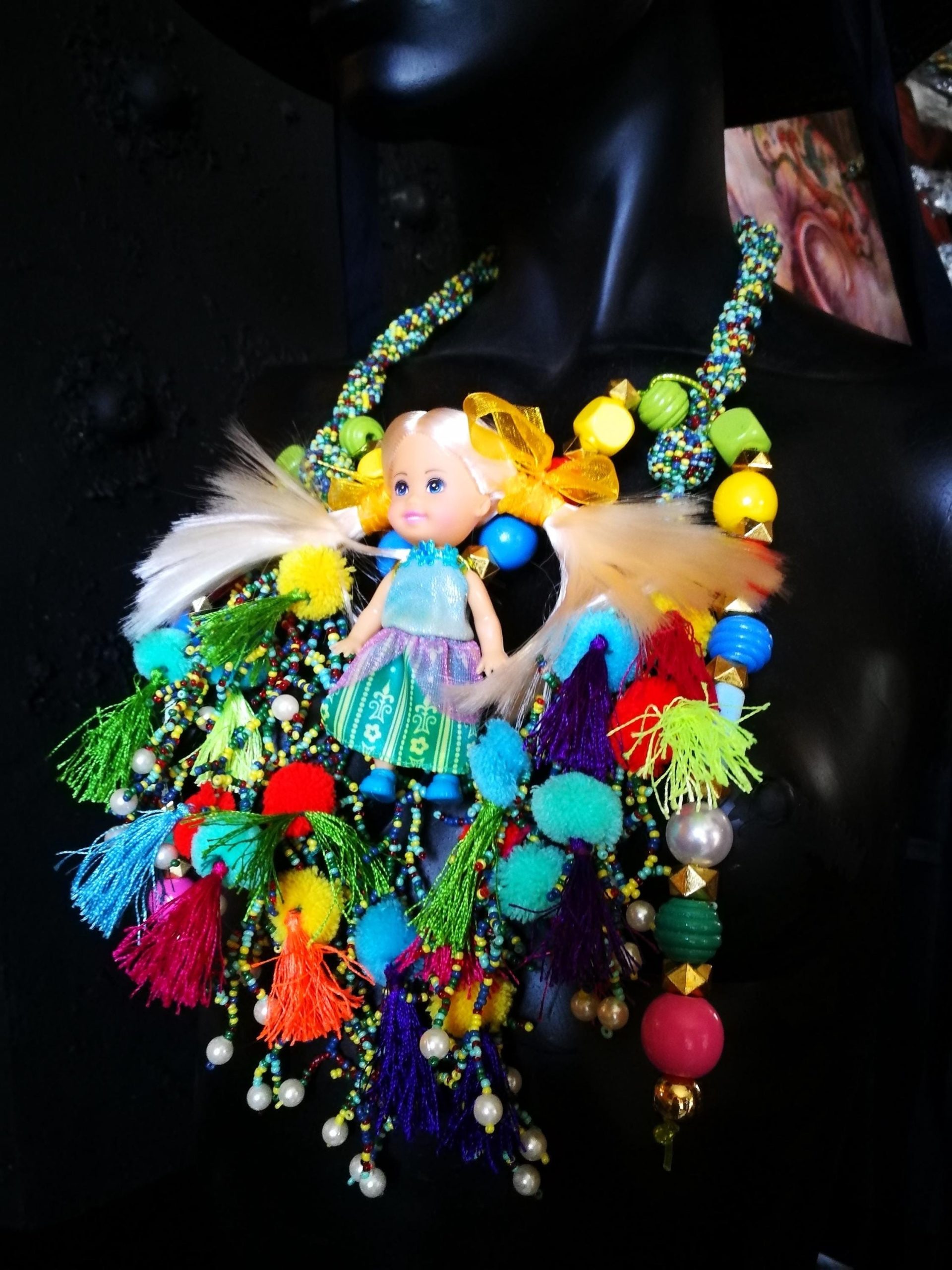 Designer Jewelry, Chunky Necklace Charm Pendant, Extravagant Boho Doll Folk Collar Bib Folkloric Assemblage
