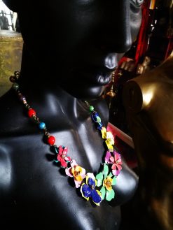Vintage Jewel Metallic Flower Design, Bakelite & Celluloid Assemblage Statement Necklace, Woman Chunky Jewelry Bib