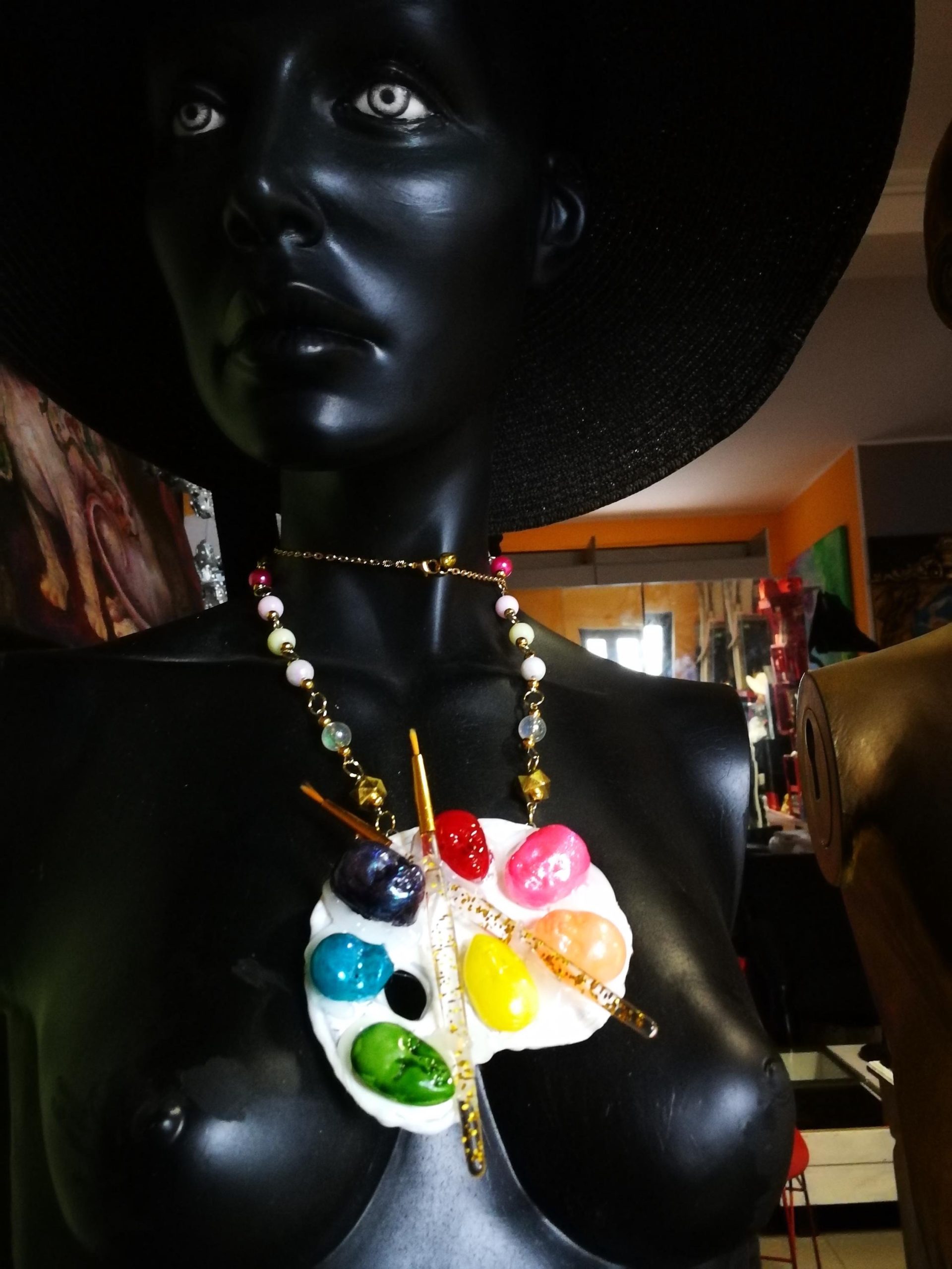 Artist Palette Jewelry, Painter Sculpture Pendant Rainbow Beaded, Doll Head Face Chunky Statement Necklace