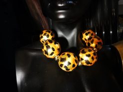 Oversized Necklace Hand Painted Leopard Orb Beaded Statement OOAK Haute Couture Jewelry Sculptured Wild