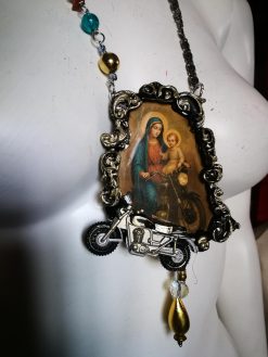 Holy Pop Jewelry, Ironic Vibes Religious Baroque Style, Orthodoxe Icon Necklace, Madonna with Child Motocycle Pendant