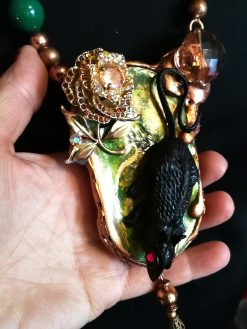 Statement Necklace, Animal Nature Pendant Collar, Liberty Jewelry Collier Copper Crystal, Mouse Pearl Gemtones
