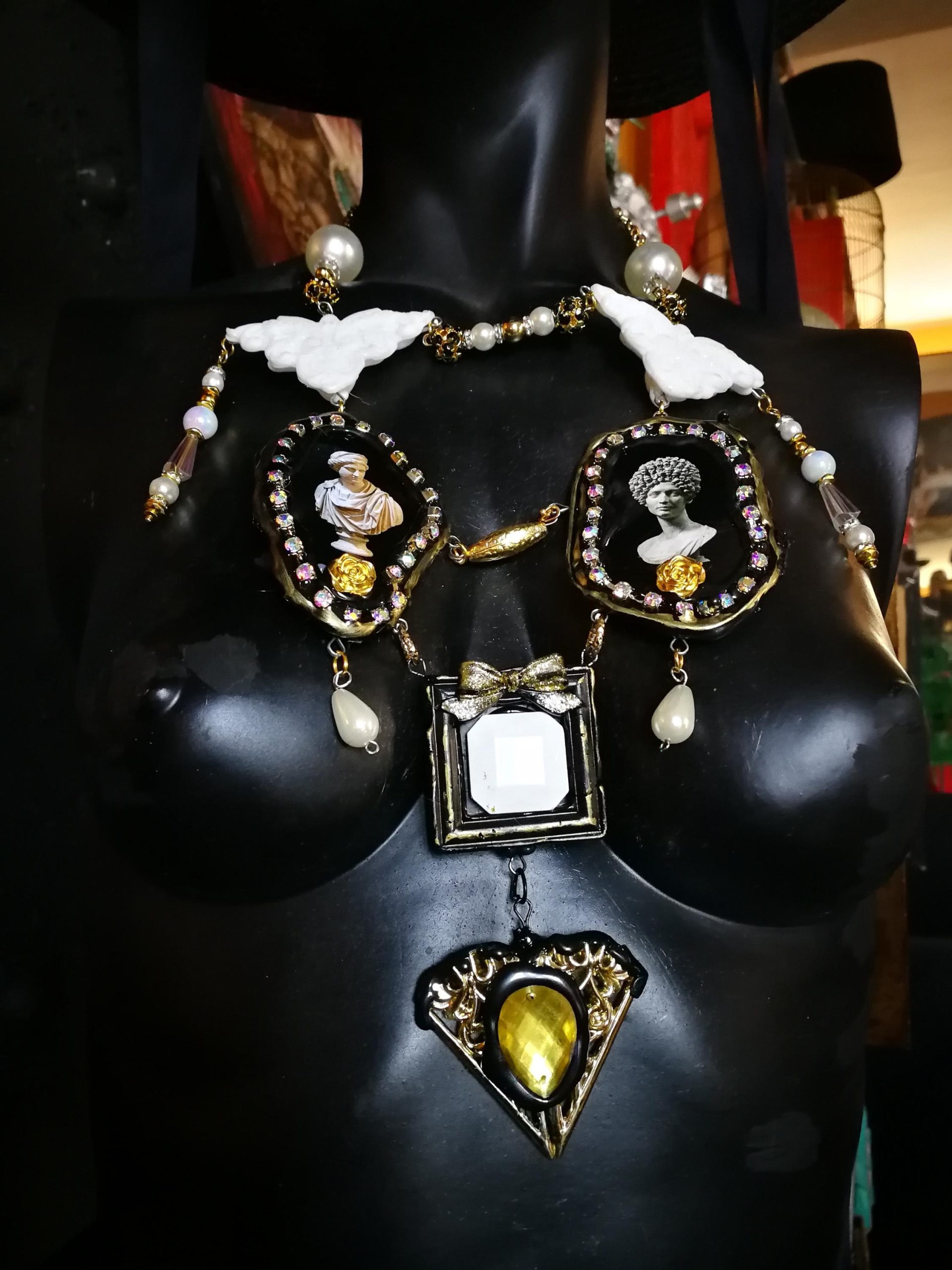 Baroque Necklace, Roman Statue Fine Jewelry, Sculptural & Enamel Rococo Pendant Luxury Filigree Golden Charm