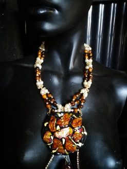 Lobster Jewelry, Statement Choker Necklace, Jasper Raw Stone Gold Mirror Pendant Shell & Pearl Charm
