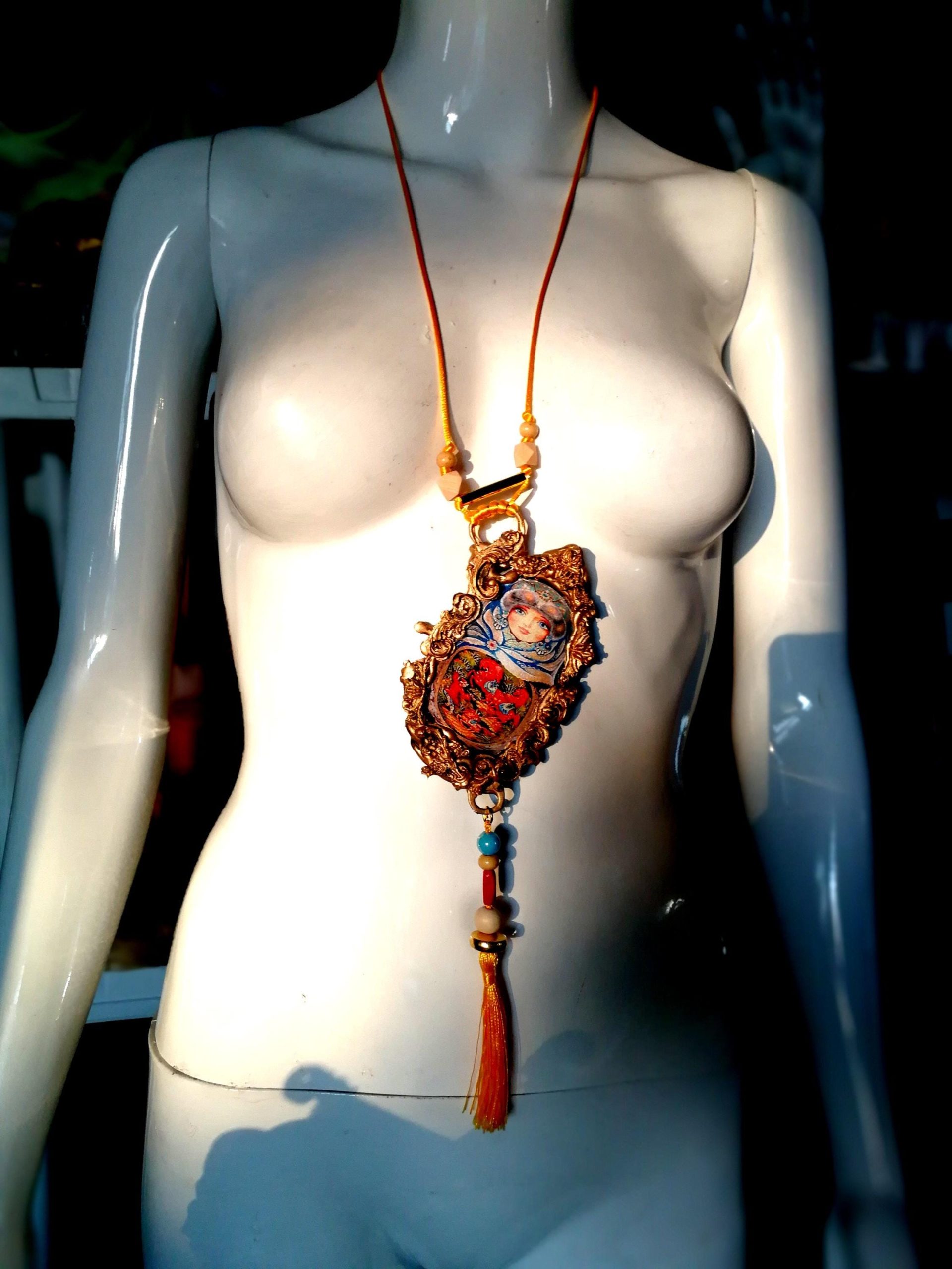 Matryoshka Dolls, Polymer Clay Sculpture Jewelry, Traditional Folk Regional Necklace, Russian Folkloric Pendant Charm