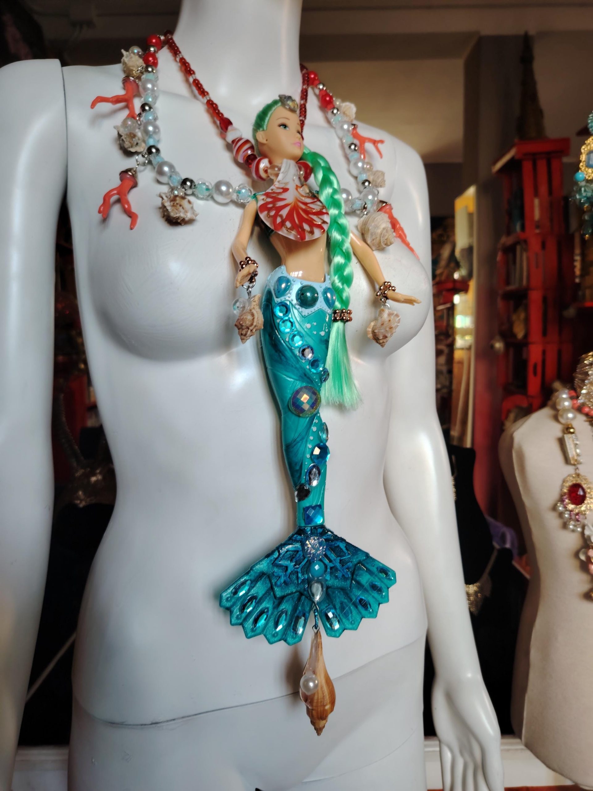 Siren Mermaid, Extravagant Jewelry Futuristic Doll Fish, Bib Pendant Seashell Conch Shell Coral Charm