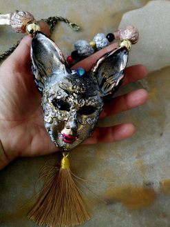 Venetian Mask Costume Jewelry, Cat Pendant Theatre Eye Mask, Luxury Charm Statement Sculptural Necklace