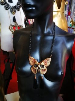Sugar Skull Butterfly Necklace, Statement Luna Moth Gothic Tassel Bib, Macabre Jewelry Luxury Oddities