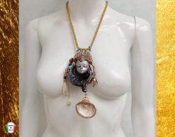 Belle Epoque Jewelry, Liberty Doll & Moon Sculpture Pendant Statement Golden Age Pearl Shell Charm