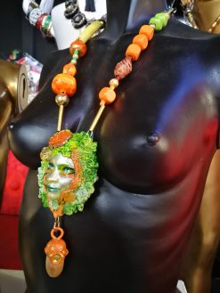Handmade Forest Spirit Necklace, Green Witch Beaded Charm