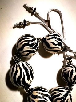 Oversize Beaded Necklace, Hand Painted Zebra Black & White Statement OOAK Couture Jewelry Sculptured Wild