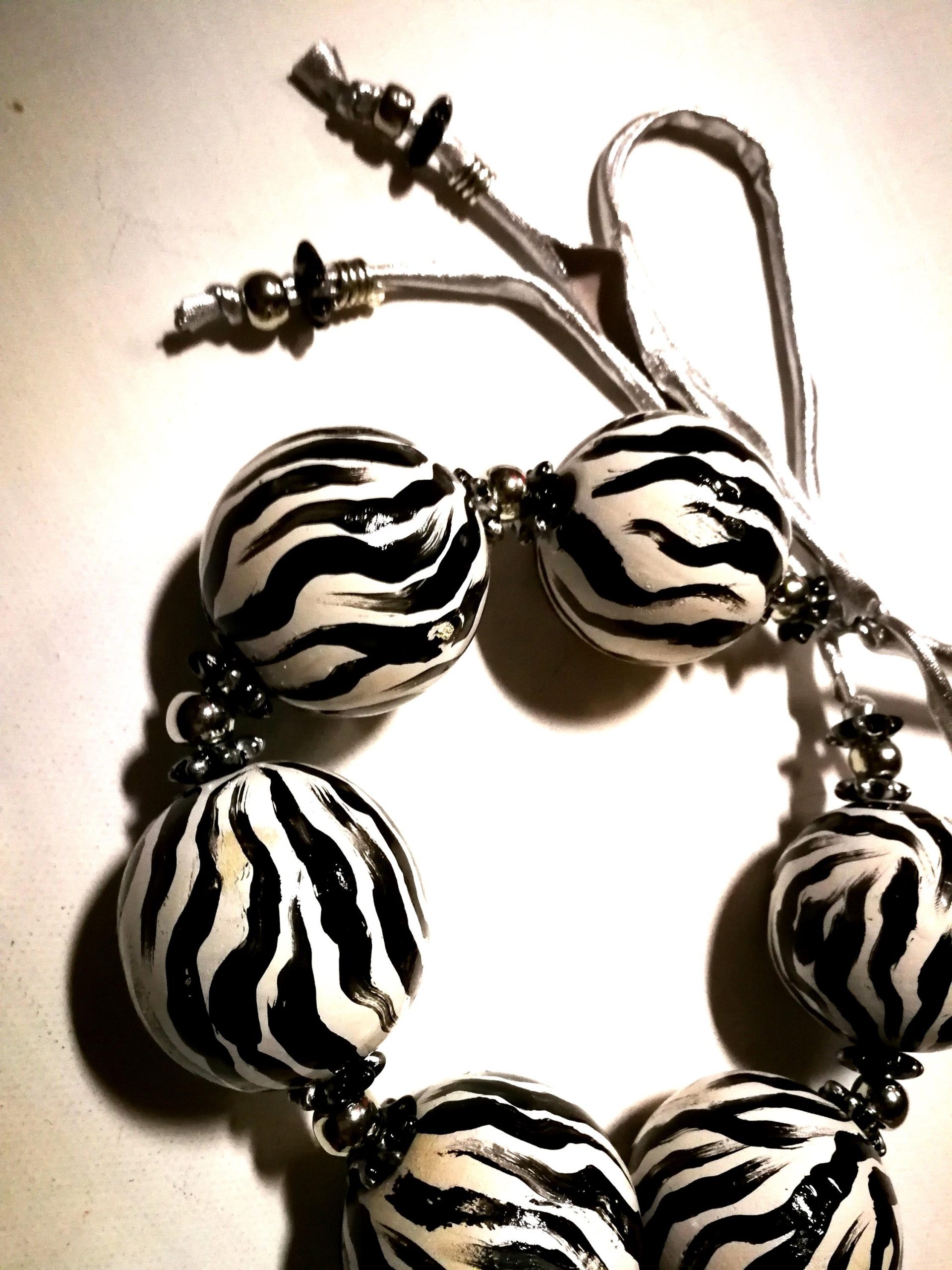 Oversize Beaded Necklace, Hand Painted Zebra Black & White Statement OOAK Couture Jewelry Sculptured Wild