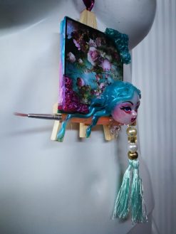Doll Head Necklace, Artist Palette OOAK Pendant, Big Bold Chunky Tassel Statement Sculpture Jewelry