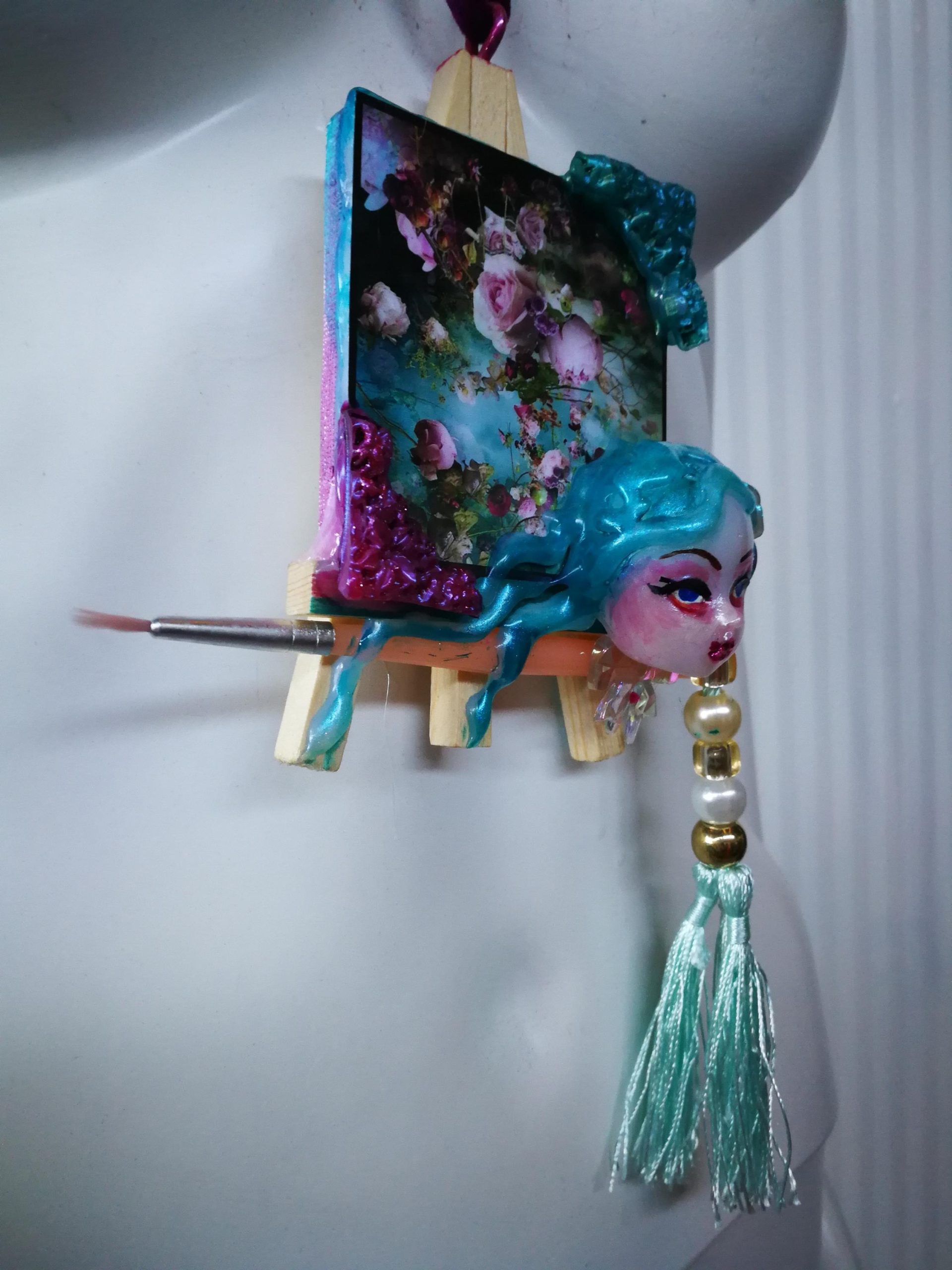 Doll Head Necklace, Artist Palette OOAK Pendant, Big Bold Chunky Tassel Statement Sculpture Jewelry