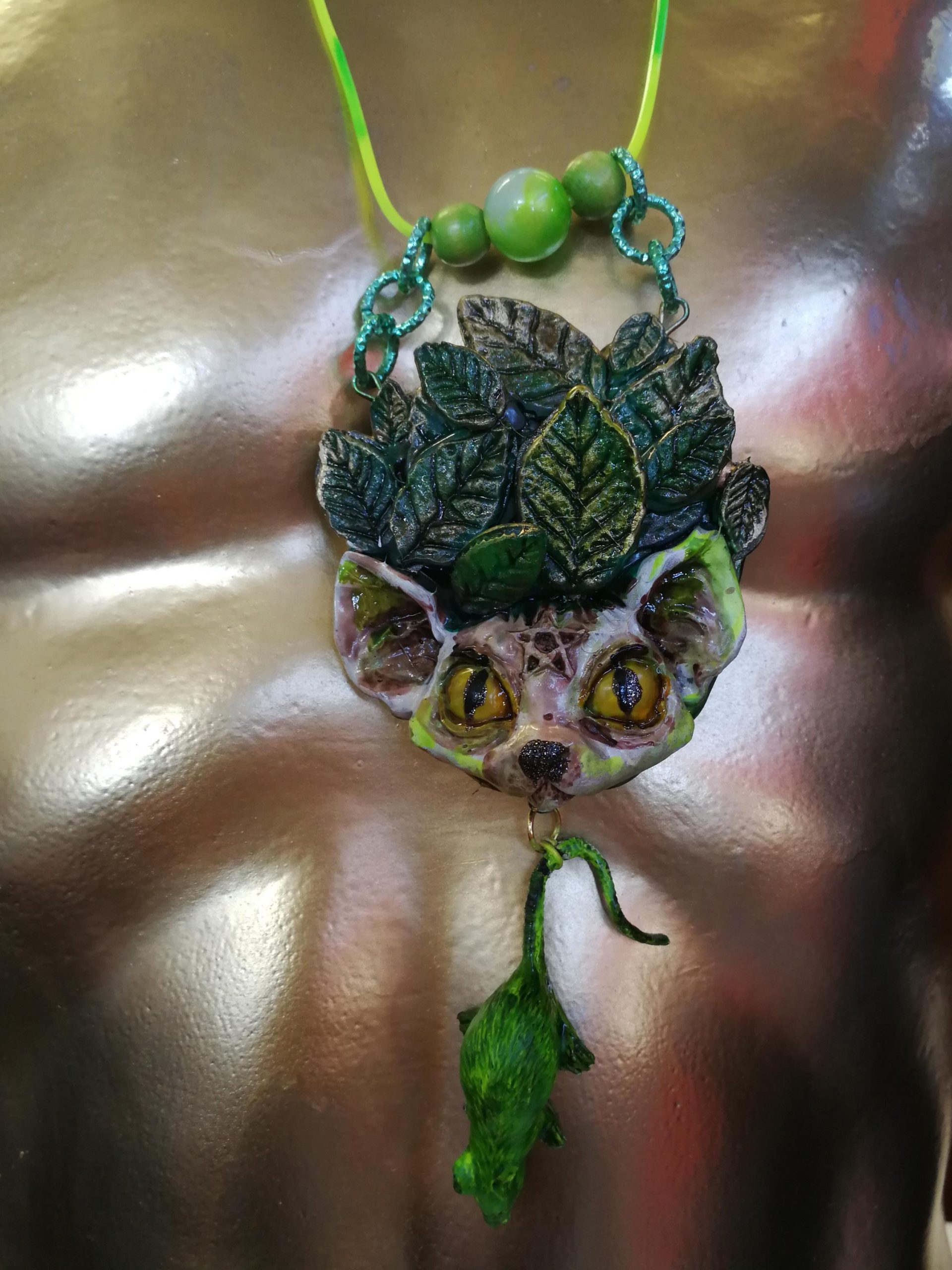 Statement Necklace - Animal Pendant Luxury Art Jewelry - Wild Cat Memorial Totem Sculptural Beaded Design