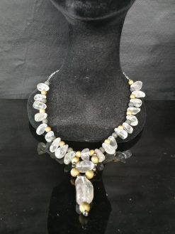 Quartz Necklace, Statement Chunky Jewelry, Clear Crystal Large Natural Stone, Gold Beaded Chain Designer