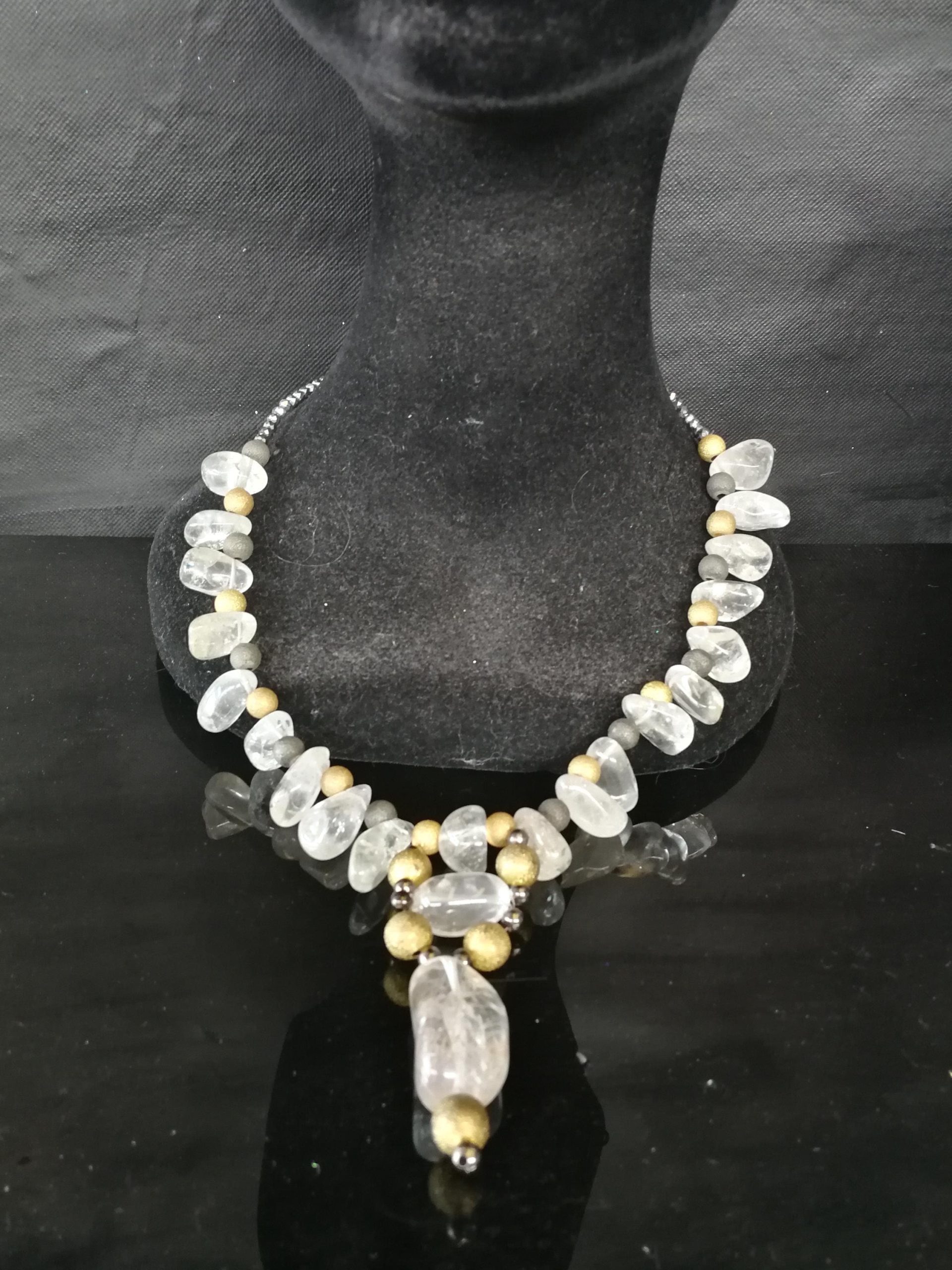 Quartz Necklace, Statement Chunky Jewelry, Clear Crystal Large Natural Stone, Gold Beaded Chain Designer