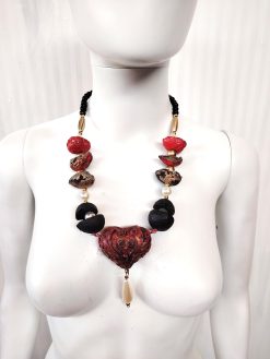Sacred Heart, Burning Flame Ladies Jewel Chunky Natural Beaded Jewelry, Baroque Pendant Charm Collar