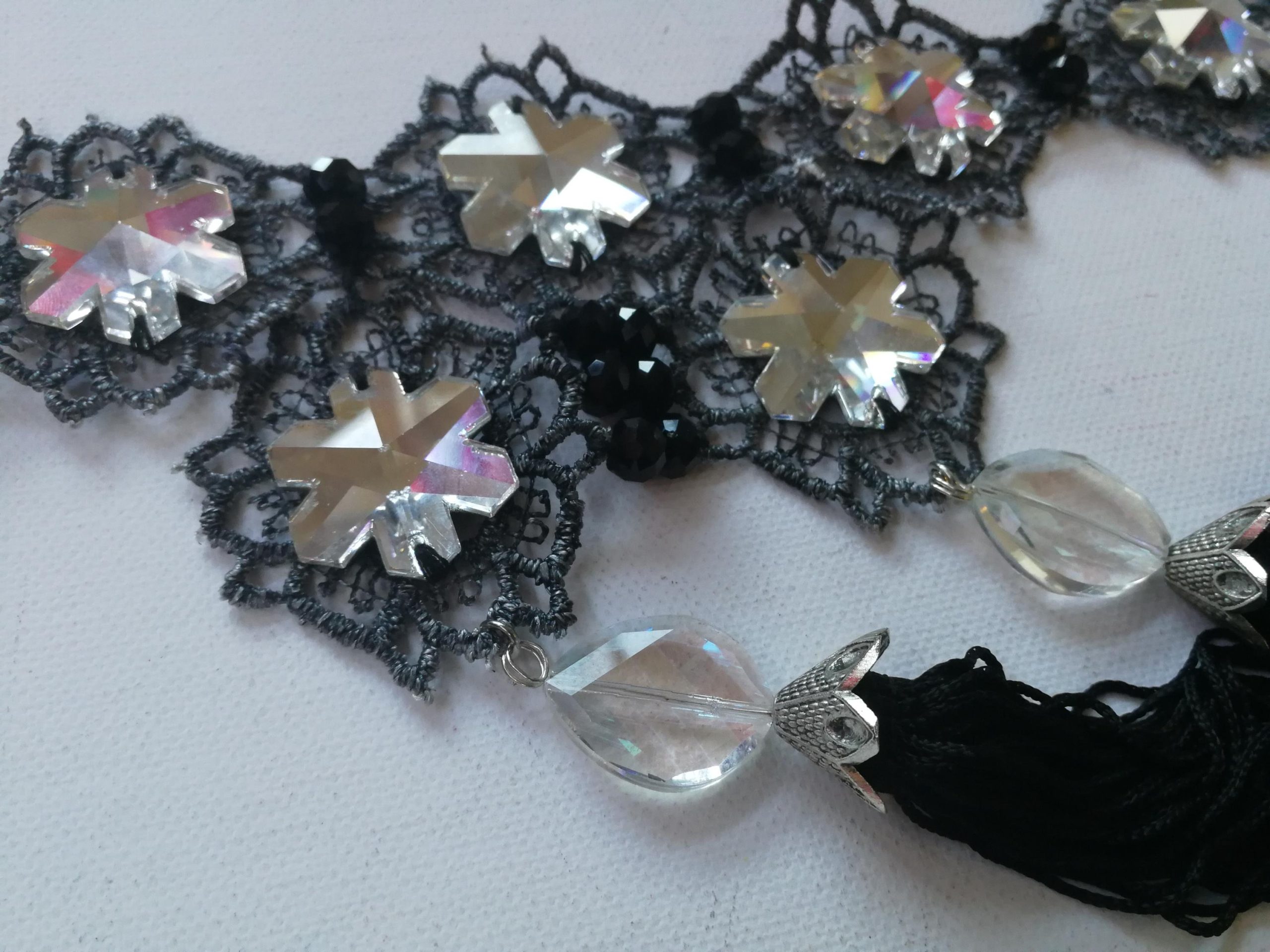 Maie Antoniette Collar, Strass Choker Jewelry, Embroidered Lace Crystal Bib, Victorian Baroque Necklace Tassel Charm