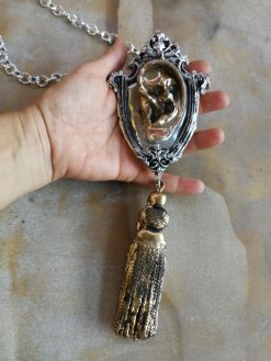 Art Deco Silver Pendant, Golden Music Ear, Brutalist Chain Locket